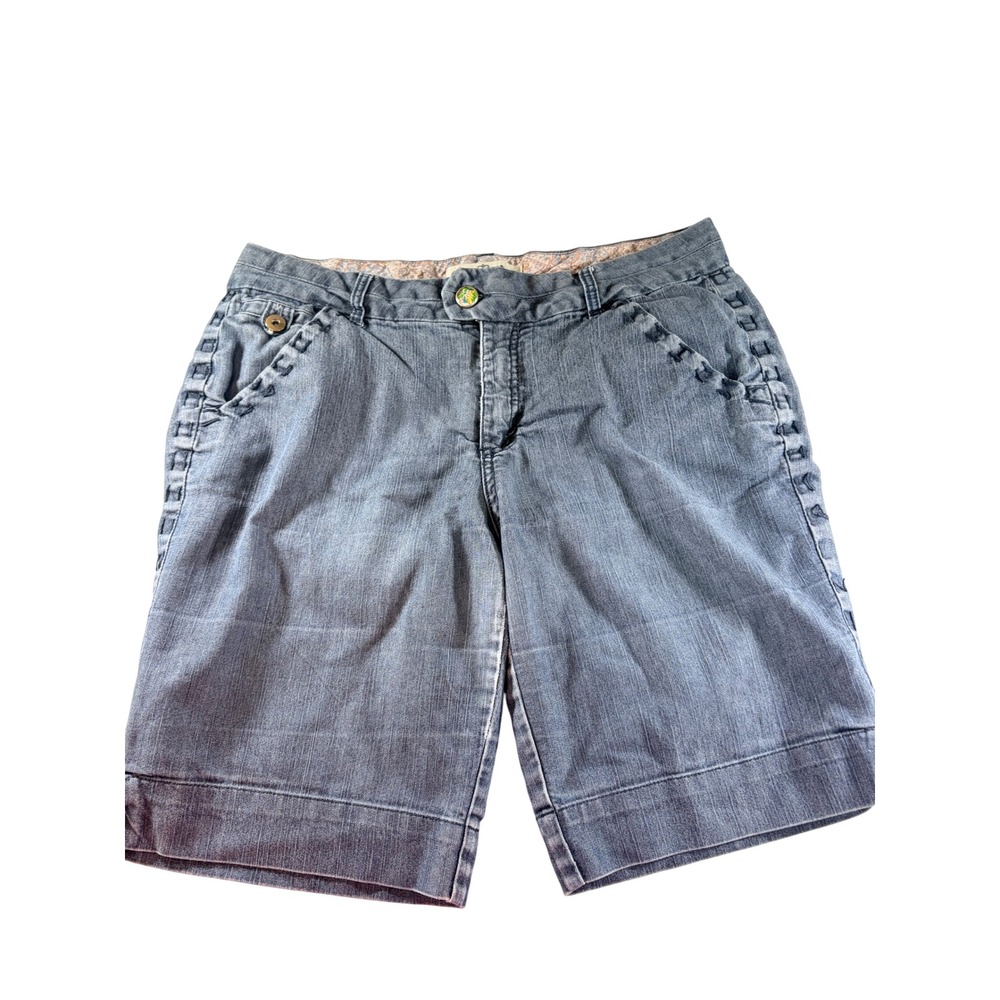 One 5 One Womens Blue Denim Shorts Size 14 Whipstitch Detail Paisley Lined